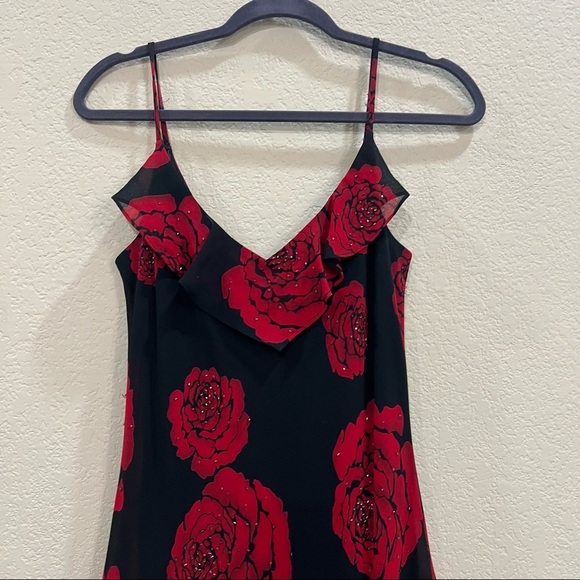 VTG Betsy & Adam Sz 10 Black Red V Neck Floral Sequin Side Slit Gown Dress Prom - Picture 2 of 11